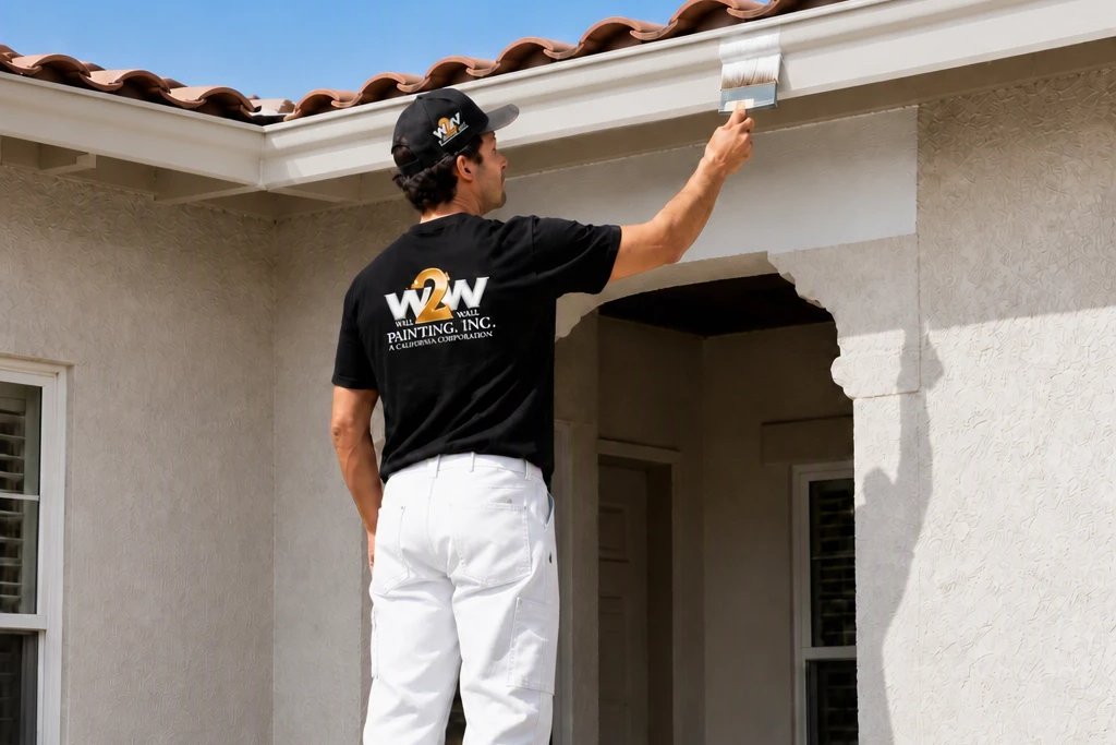 Wall 2 Wall Painting crew member in branded uniform painting exterior eaves and trim