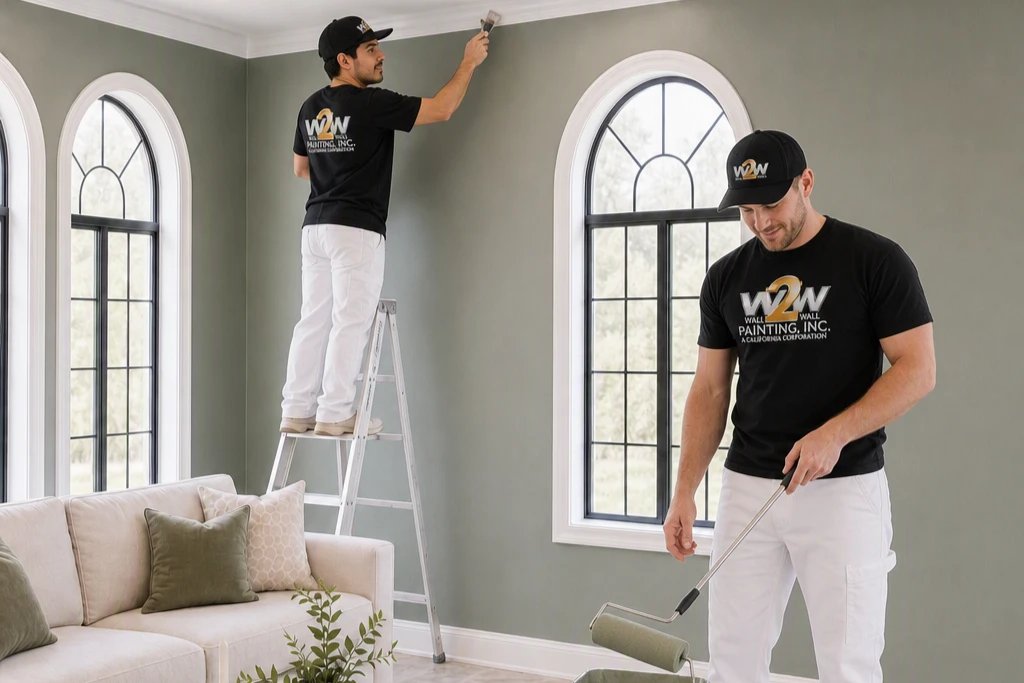 Wall 2 Wall Painting crew in branded uniforms painting a living room interior