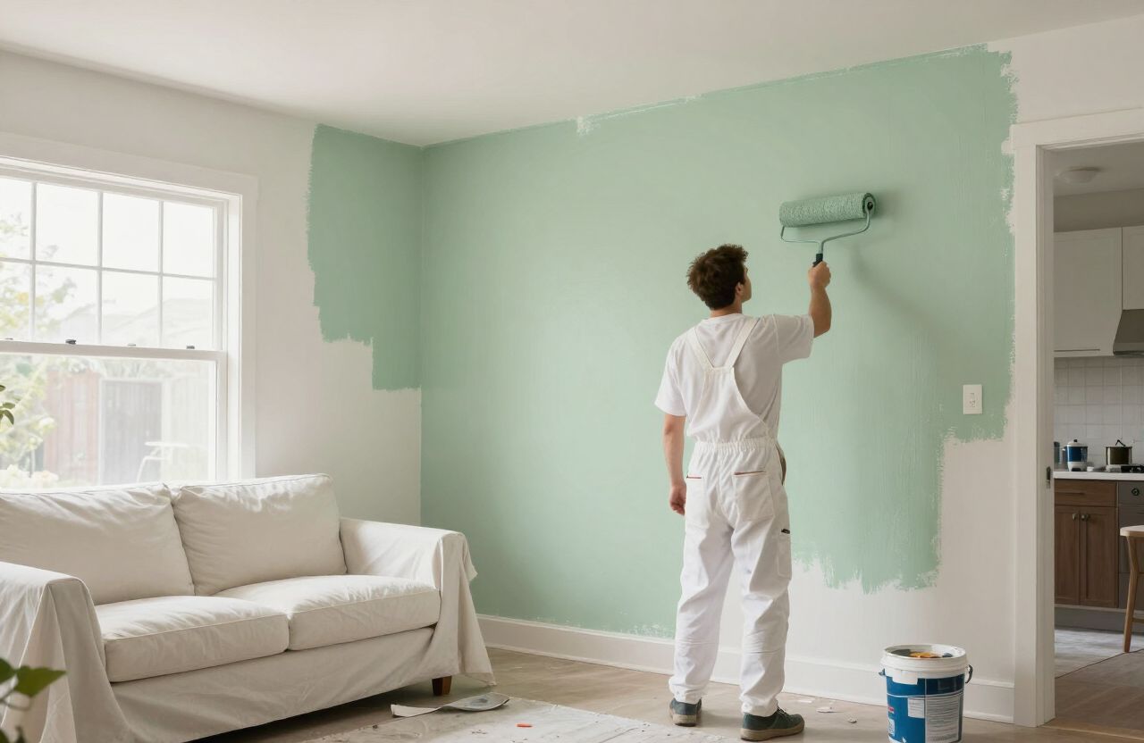 Painter rolling fresh paint onto a living room wall