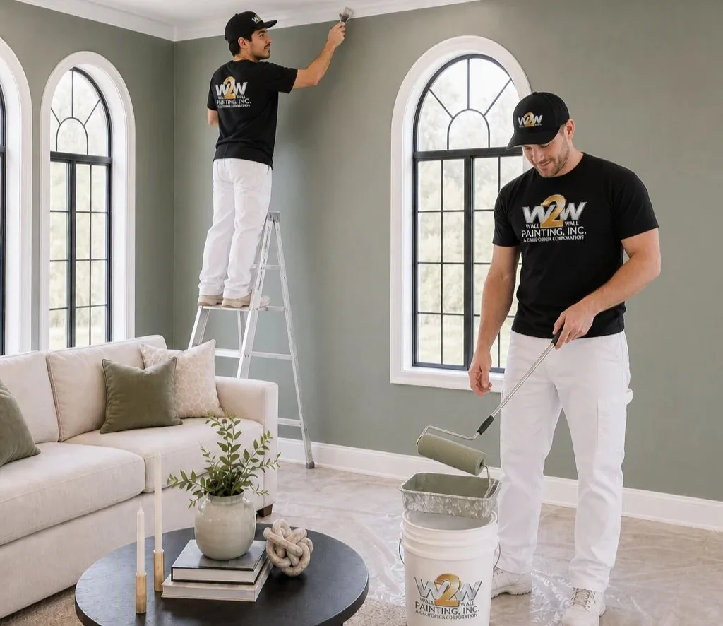Painter rolling fresh paint onto a living room wall