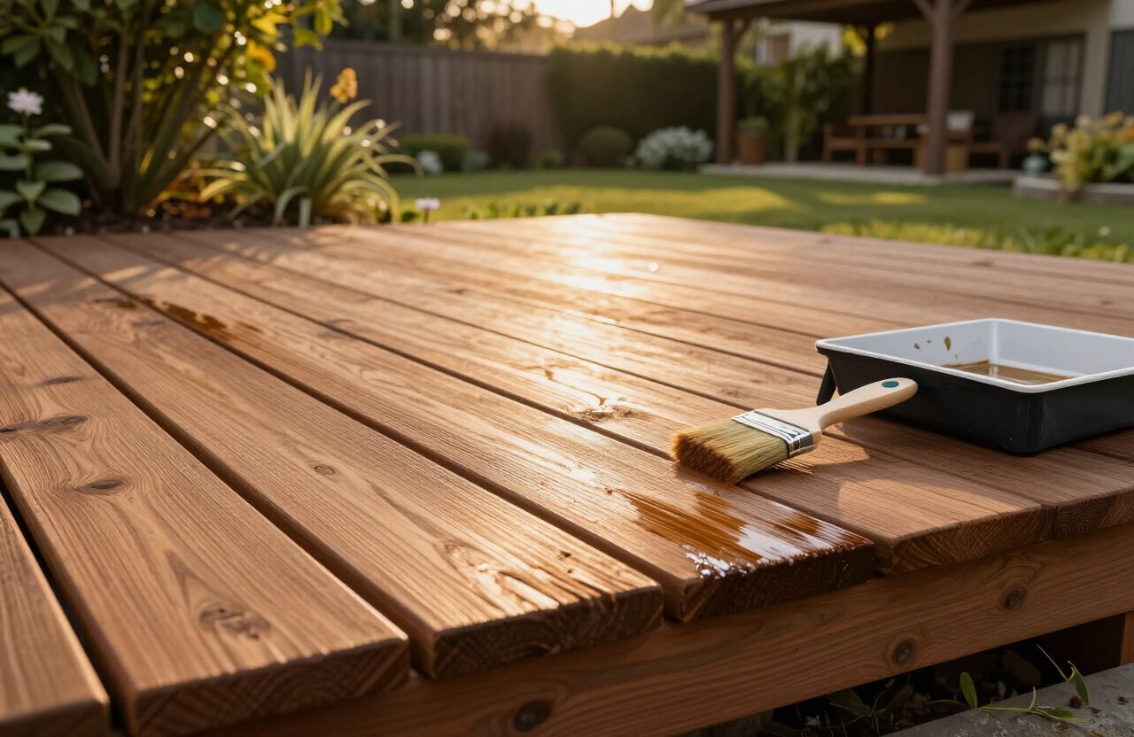 Wood deck being stained with a protective finish