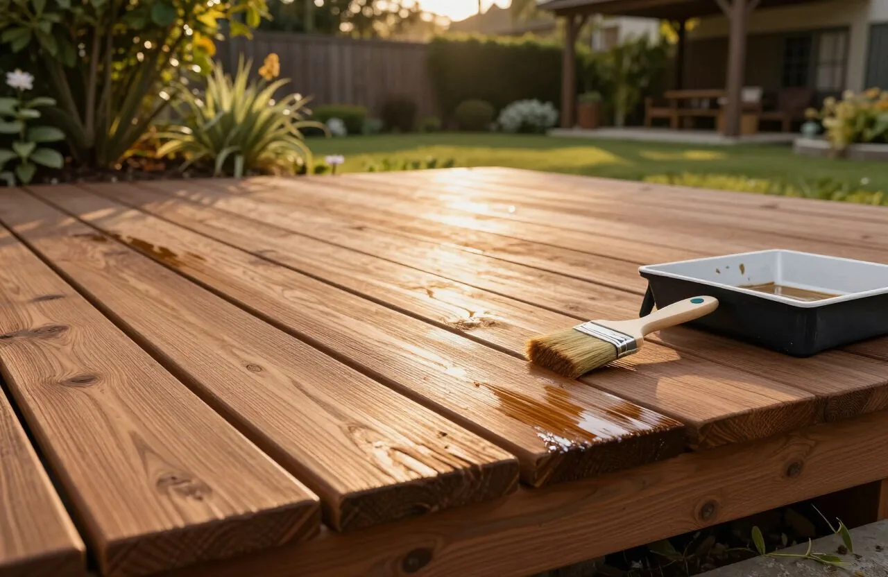 Wood deck being stained with a protective finish