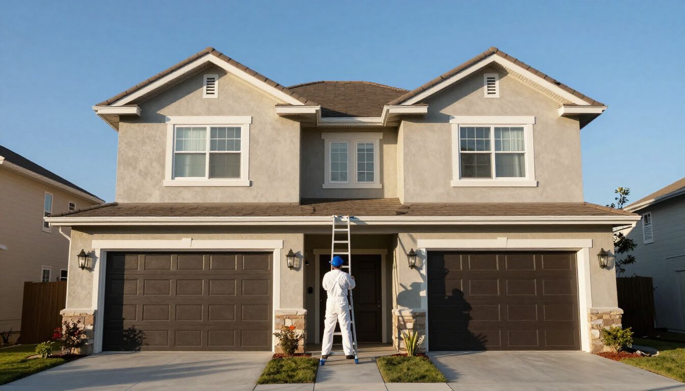 Painter applying fresh exterior paint to a two-story home