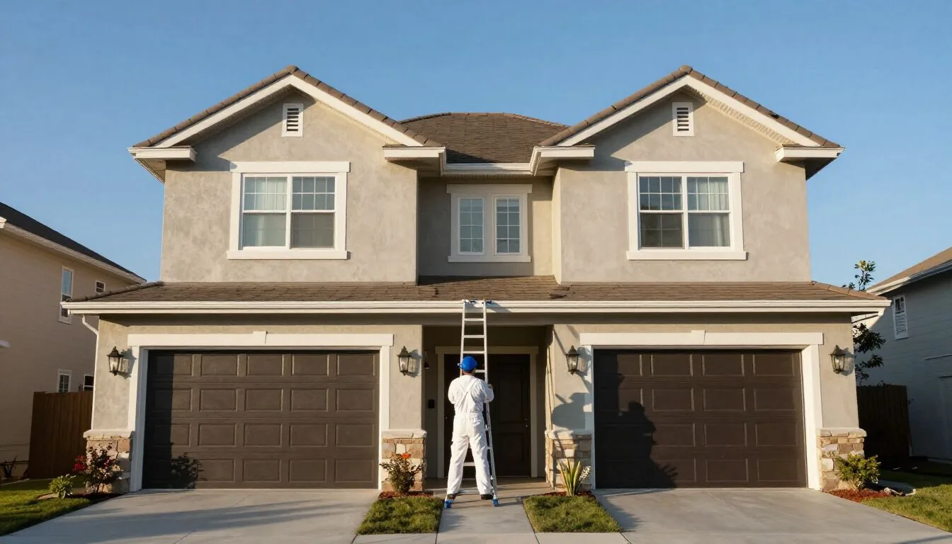 Painter applying fresh exterior paint to a two-story home