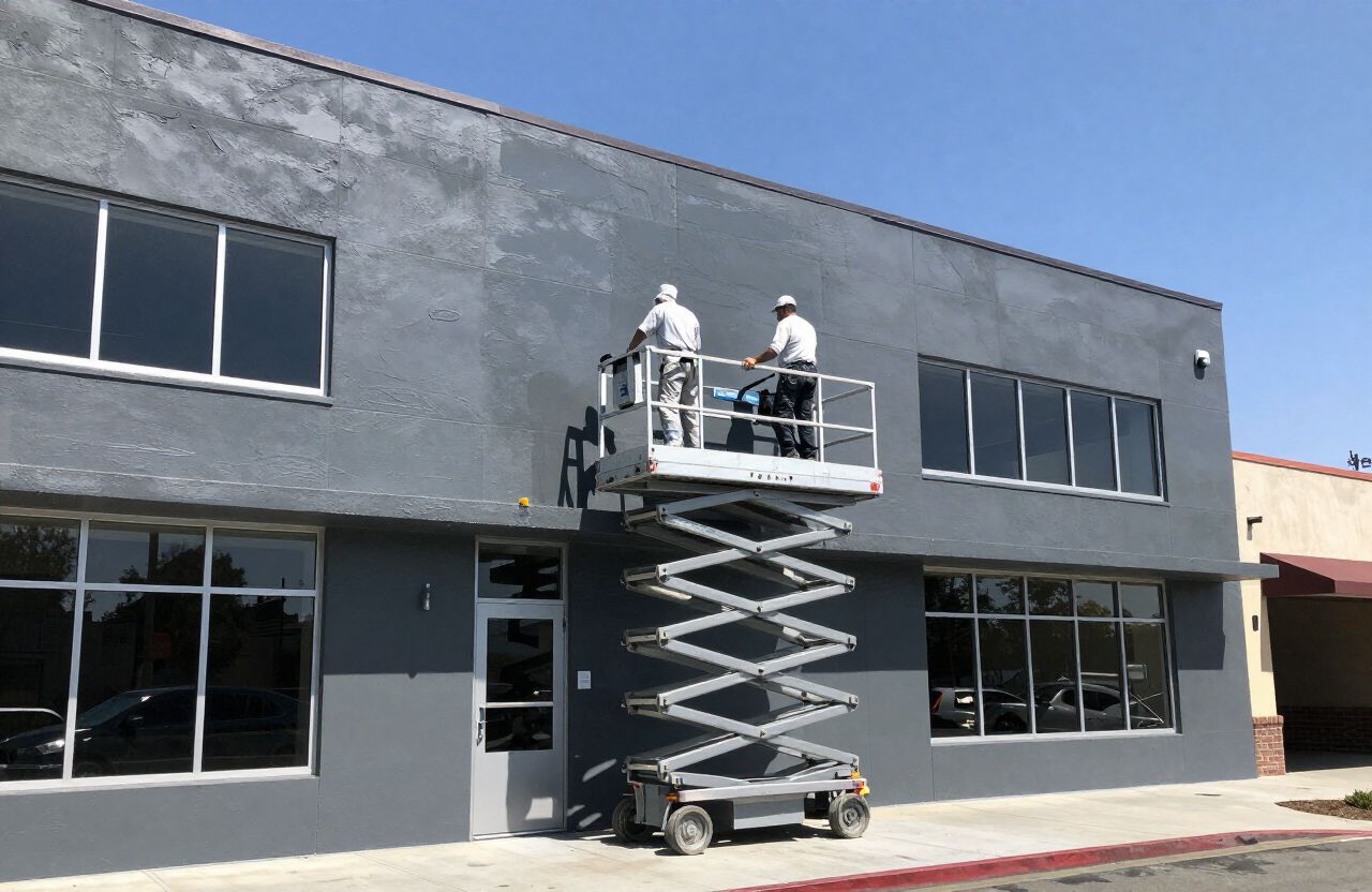Painters repainting a commercial building exterior